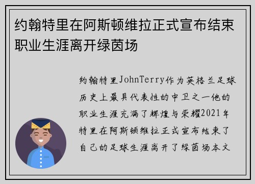 约翰特里在阿斯顿维拉正式宣布结束职业生涯离开绿茵场
