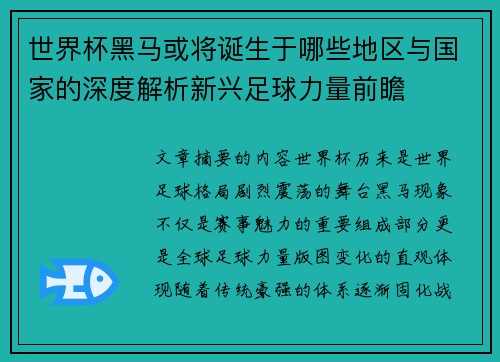 世界杯黑马或将诞生于哪些地区与国家的深度解析新兴足球力量前瞻
